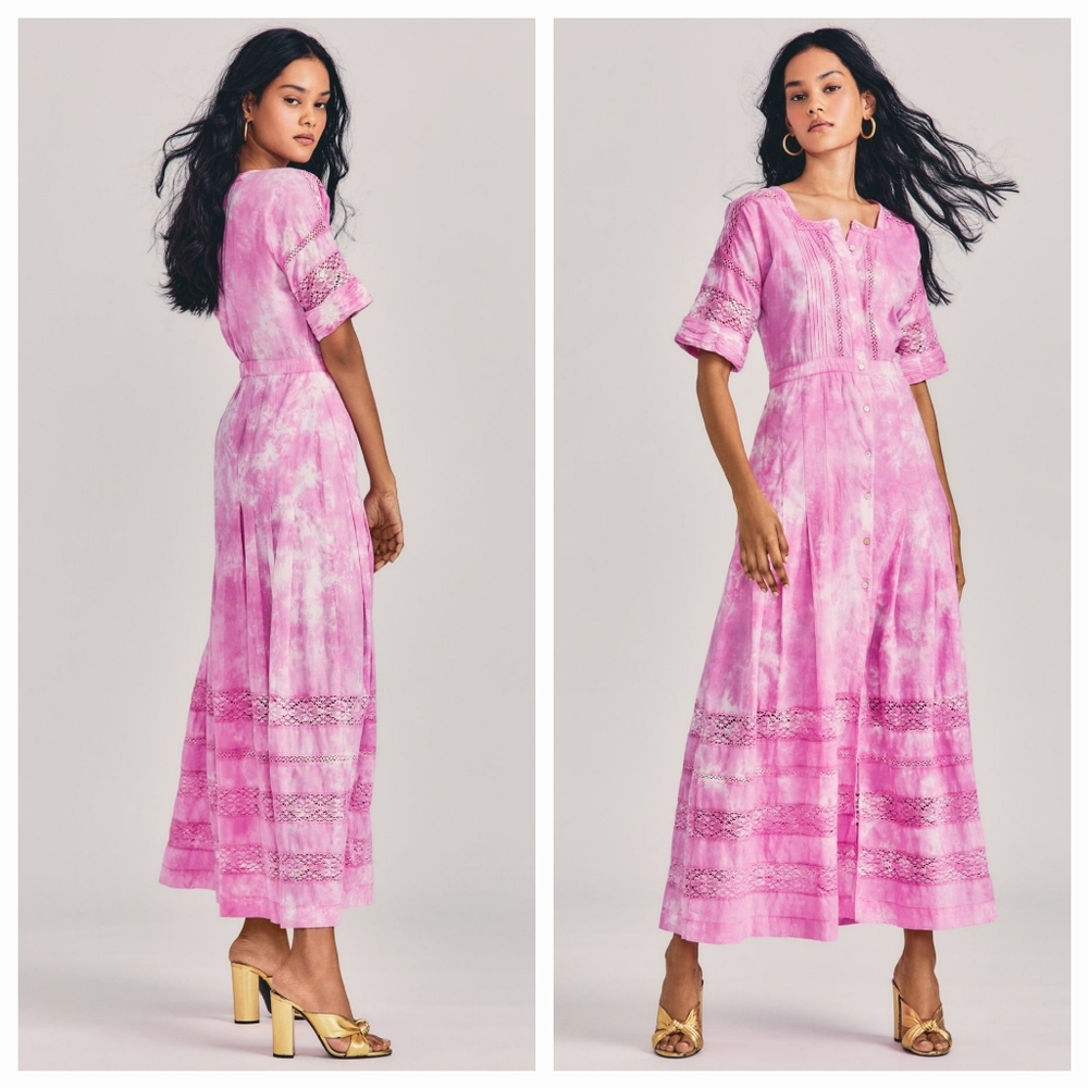 LOVESHACKFANCY Edie Tie Dye Midi Dress in Peony Pink Small NWT - Picture 3 of 9